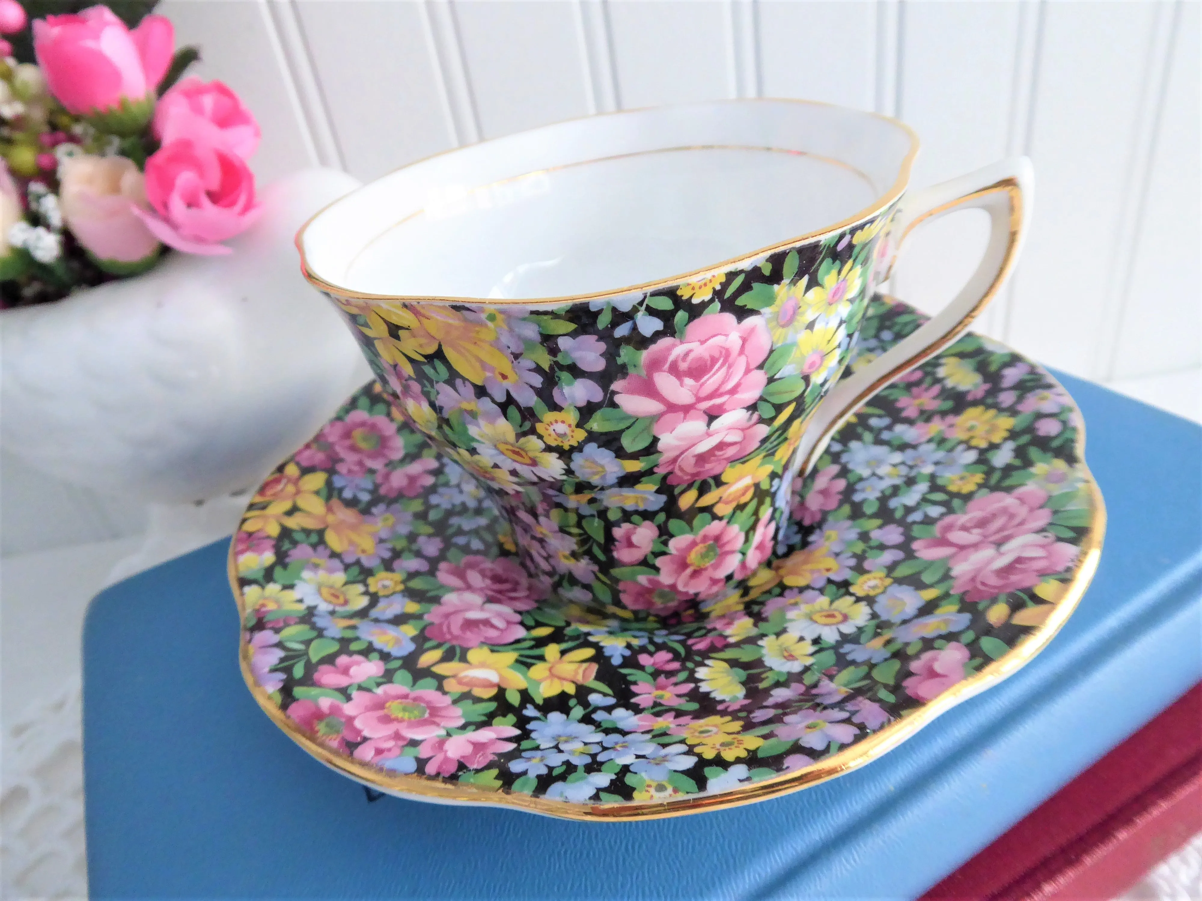 Rosina Floral Chintz Cup And Saucer 1950s Flowers On Black English Bone China