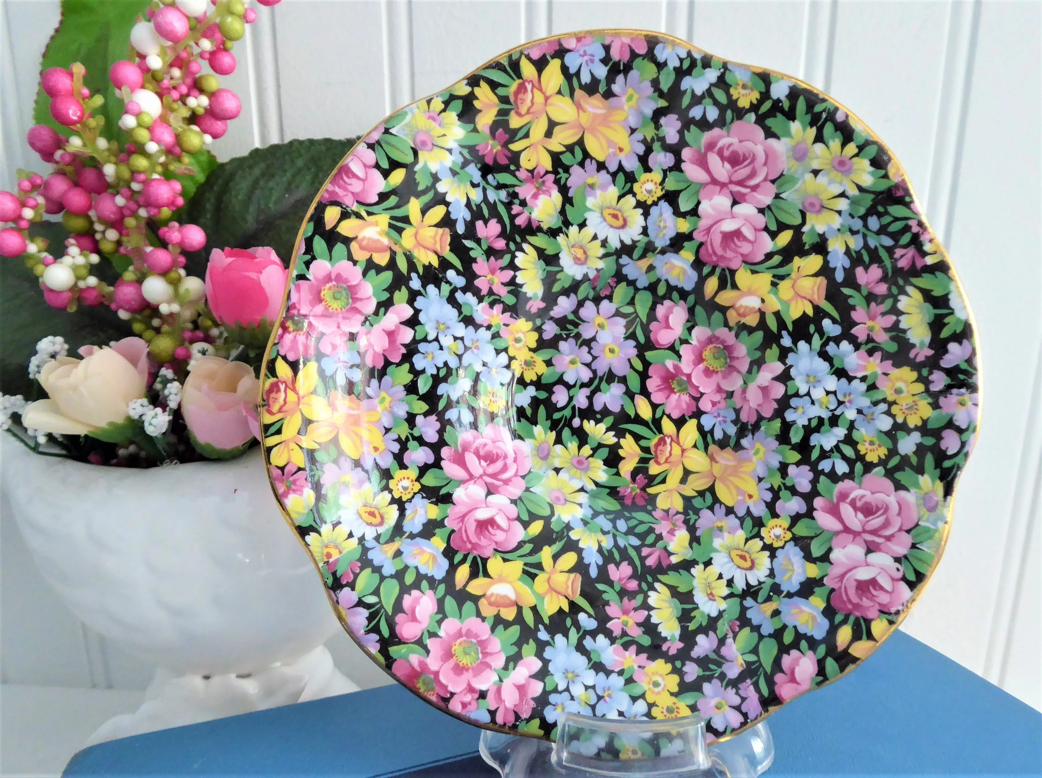Rosina Floral Chintz Cup And Saucer 1950s Flowers On Black English Bone China
