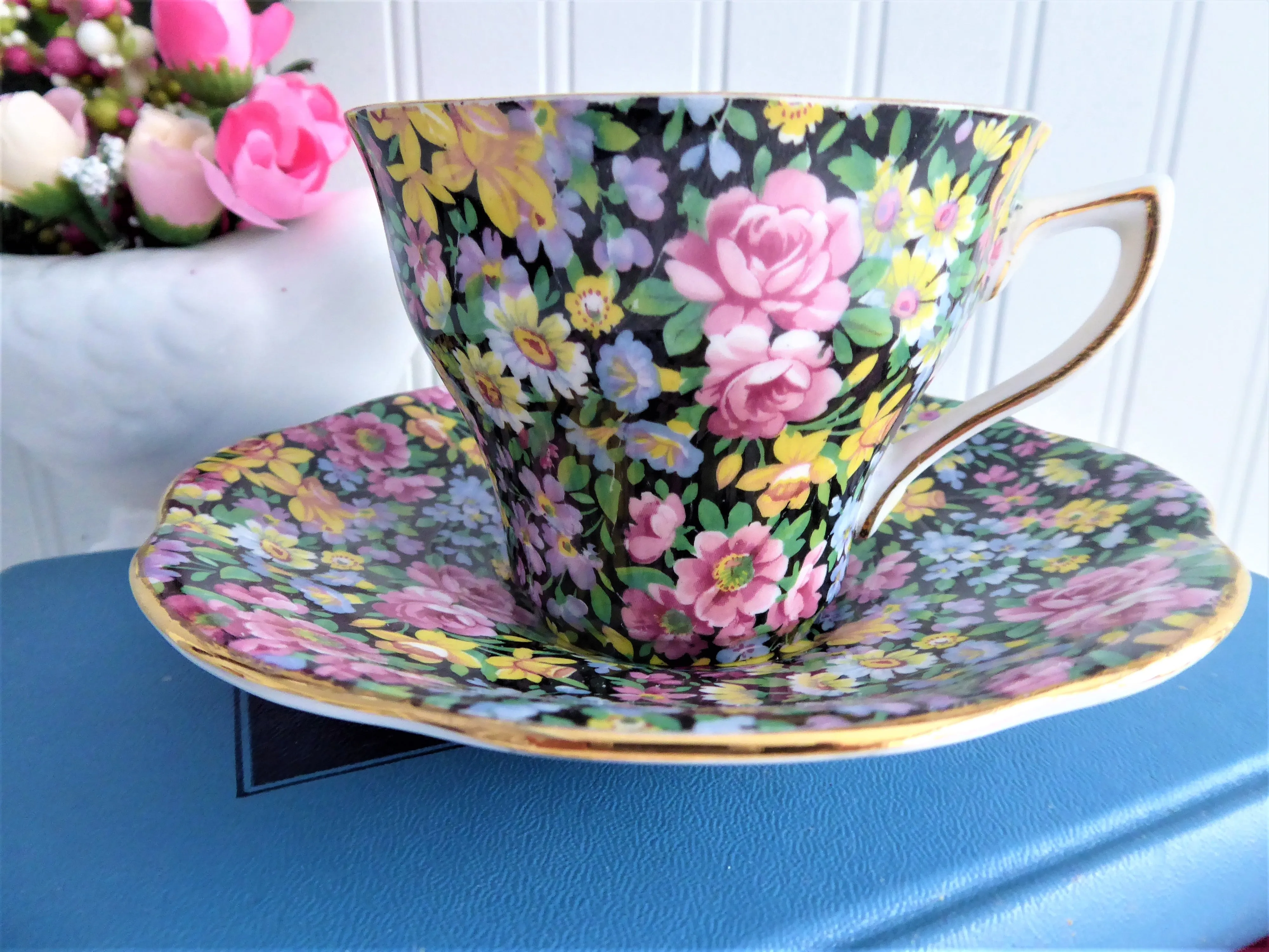 Rosina Floral Chintz Cup And Saucer 1950s Flowers On Black English Bone China