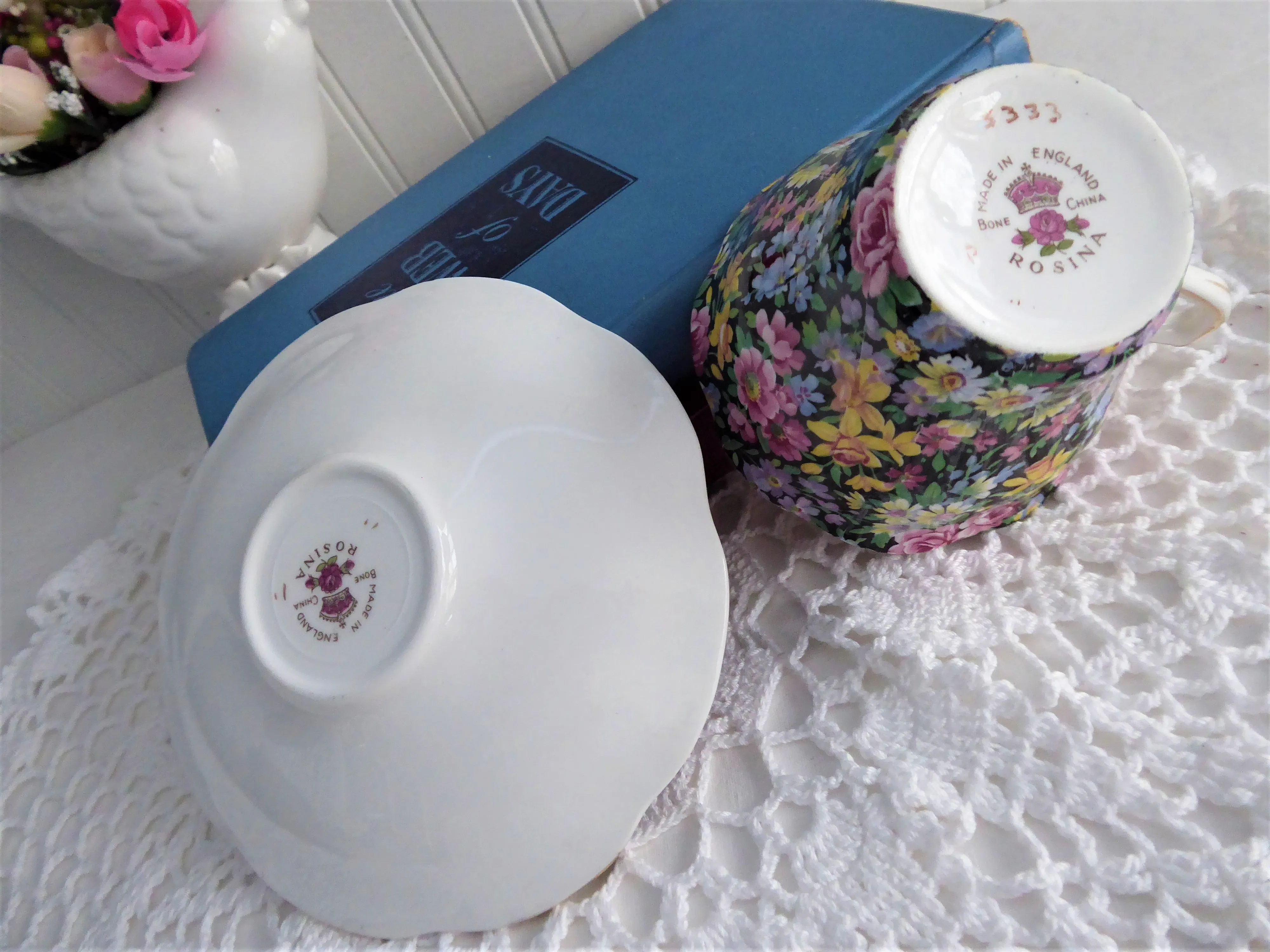 Rosina Floral Chintz Cup And Saucer 1950s Flowers On Black English Bone China