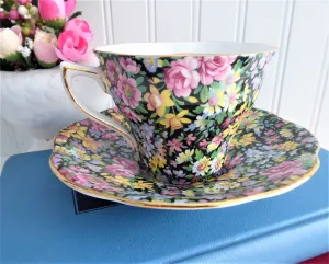 Rosina Floral Chintz Cup And Saucer 1950s Flowers On Black English Bone China