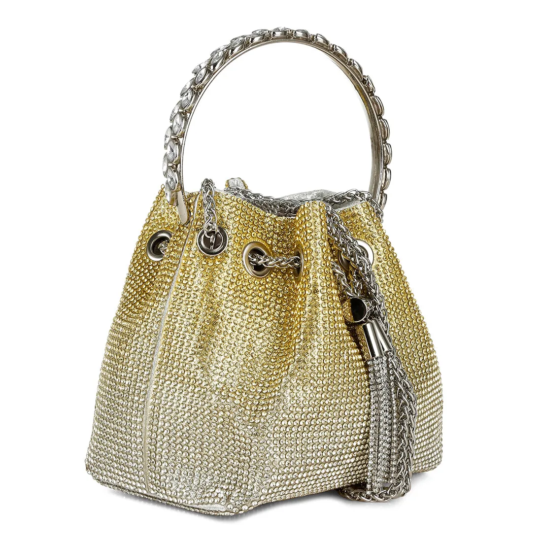 Round Handle Rhinestone Bucket Bag