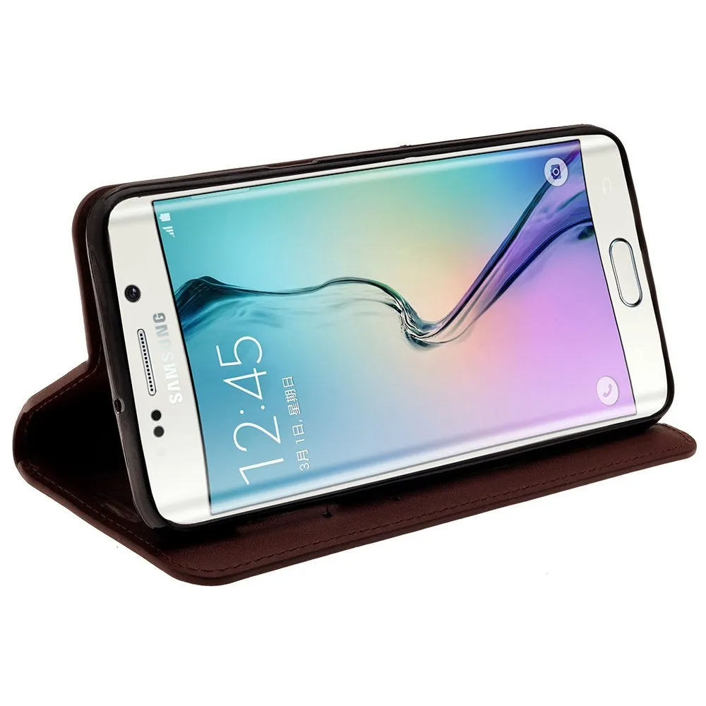Samsung Galaxy S6 Edge Plus Case, Genuine Leather Magnetic Fold[Kickstand] Wallet Case with ID & Card Slots for S6 Edge Plus - Brown
