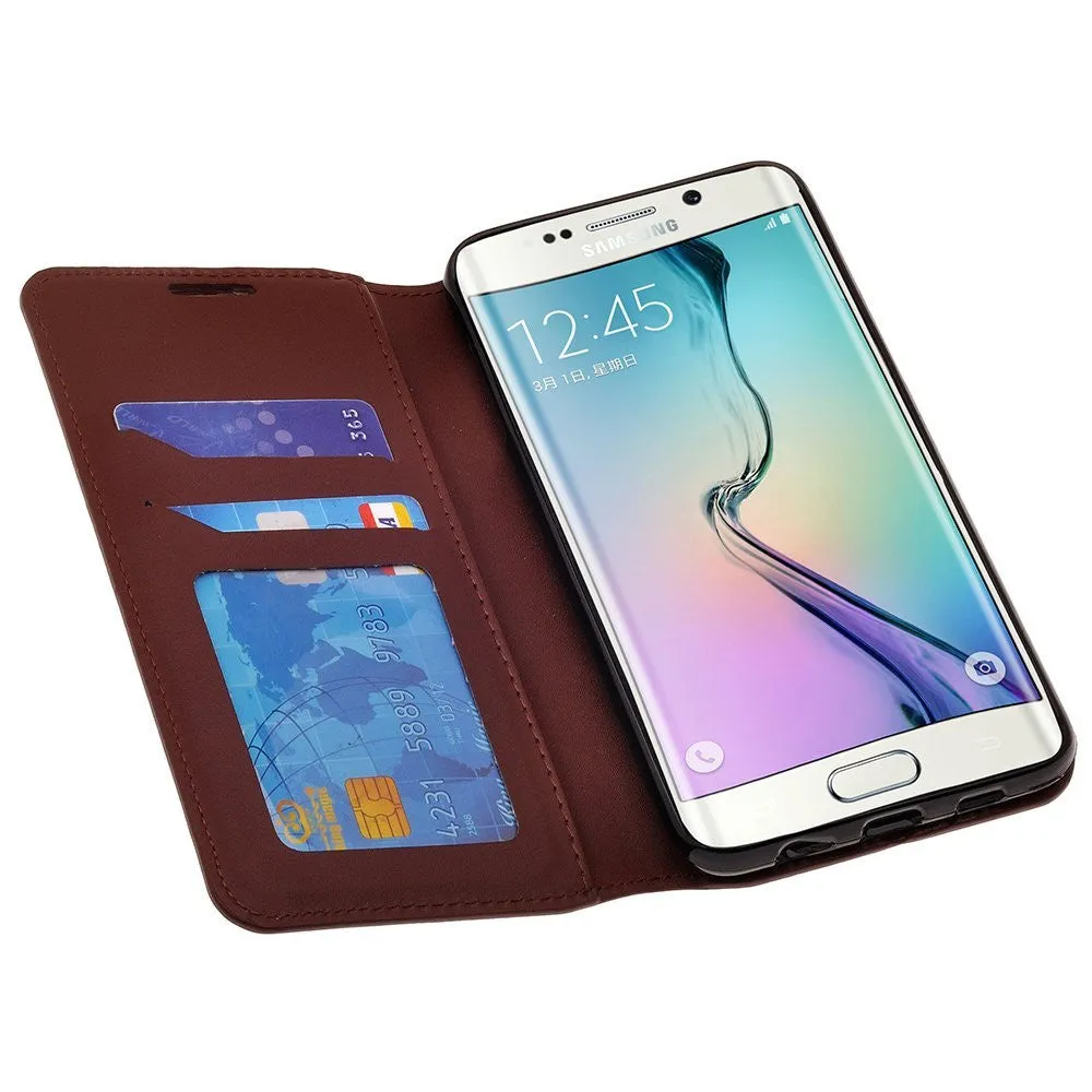 Samsung Galaxy S6 Edge Plus Case, Genuine Leather Magnetic Fold[Kickstand] Wallet Case with ID & Card Slots for S6 Edge Plus - Brown
