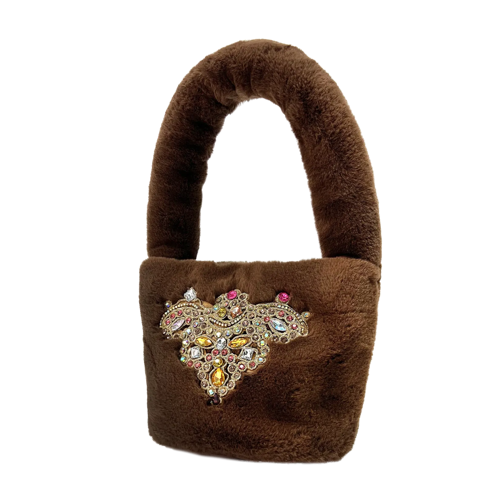 Sandy Faux Fur Jeweled Patch Purse in Oak Brown