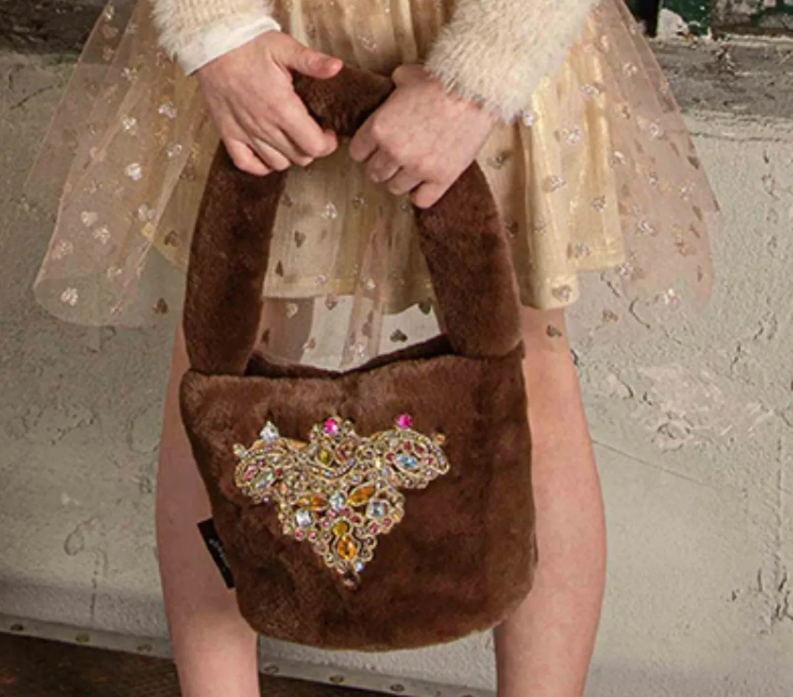 Sandy Faux Fur Jeweled Patch Purse in Oak Brown