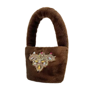 Sandy Faux Fur Jeweled Patch Purse in Oak Brown