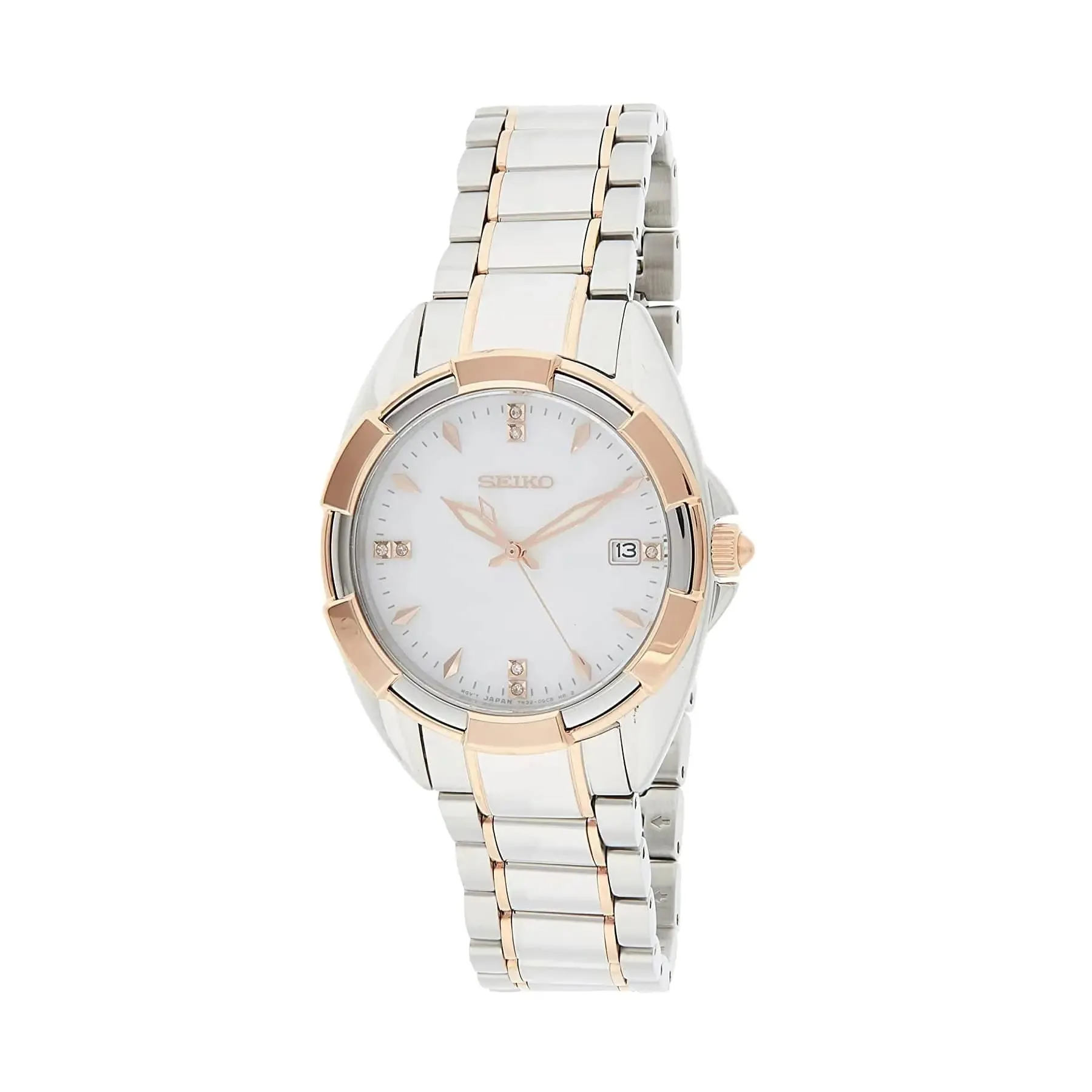 Seiko SKK888 Elegant Two-Tone Women's Watch with Sparkling Diamond Details and Iridescent Mother of Pearl Dial