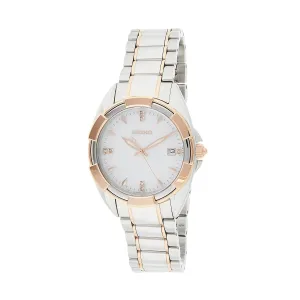 Seiko SKK888 Elegant Two-Tone Women's Watch with Sparkling Diamond Details and Iridescent Mother of Pearl Dial