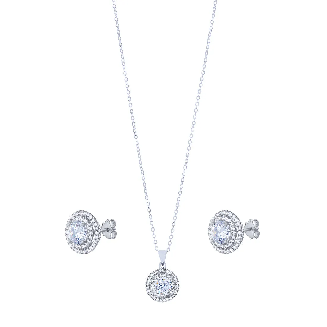 Sterling Silver Cubic Zirconia Double Halo Stud Earring and Necklace Set