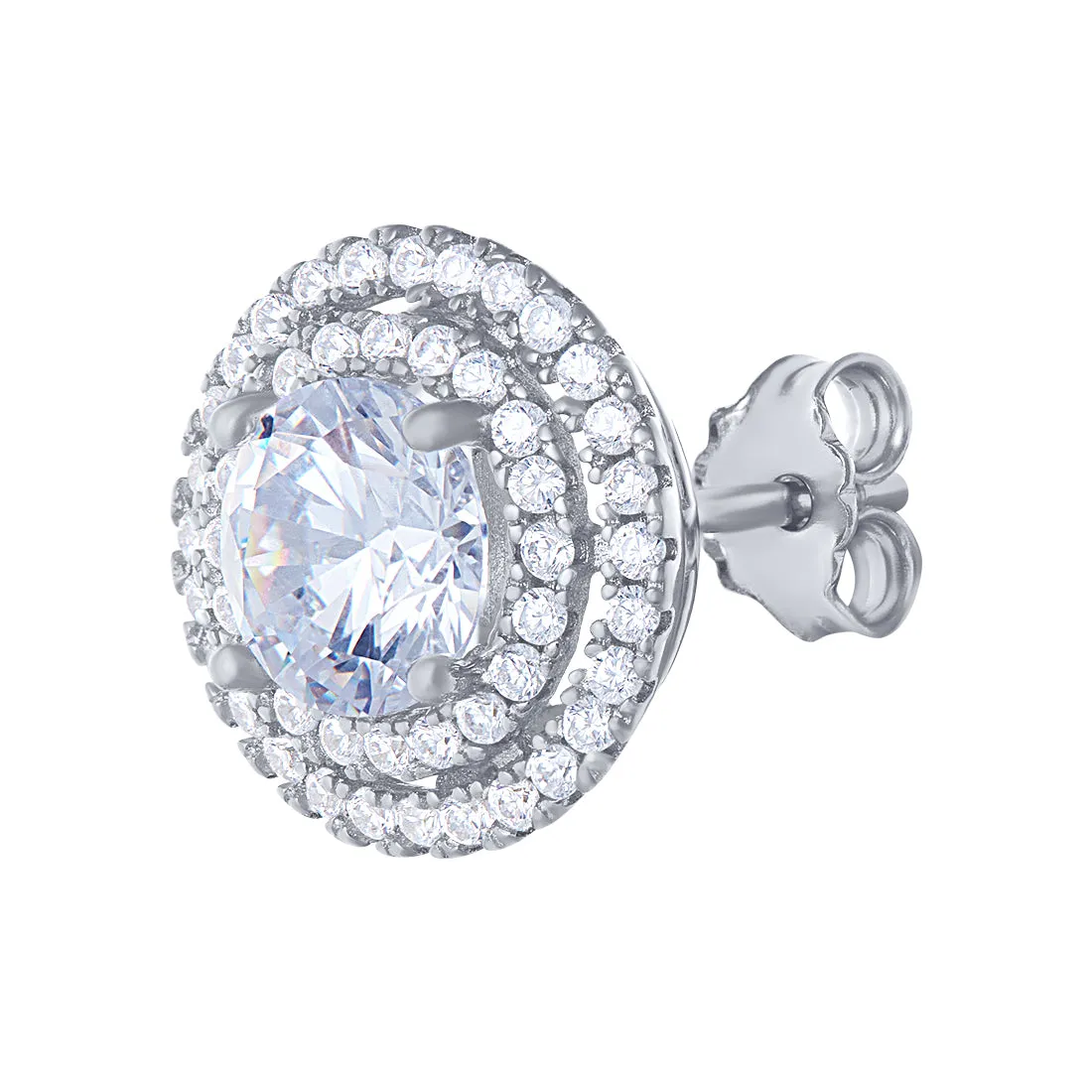 Sterling Silver Cubic Zirconia Double Halo Stud Earring and Necklace Set