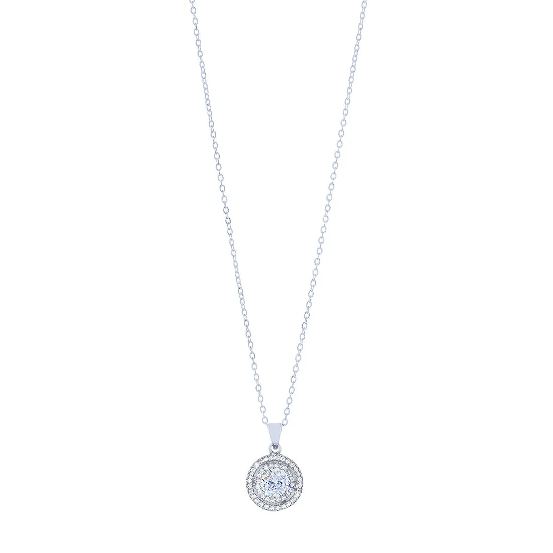 Sterling Silver Cubic Zirconia Double Halo Stud Earring and Necklace Set