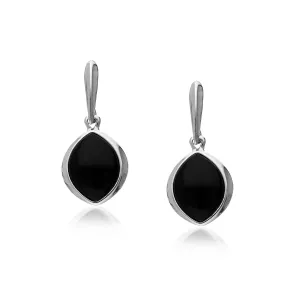 Sterling Silver Whitby Jet Wide Marquise Stud Drop Earrings