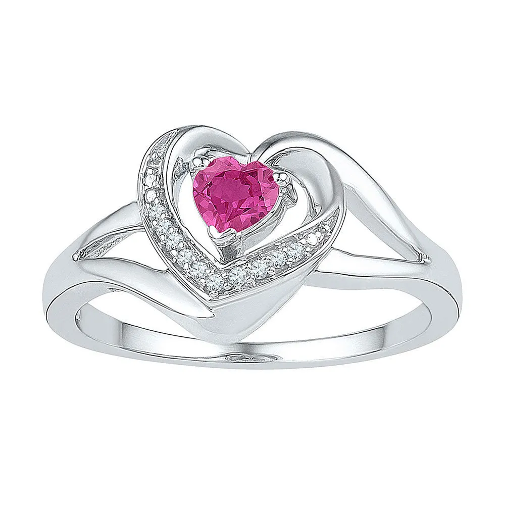 Sterling Silver Women's Round Lab-Created Pink Sapphire Diamond Heart Ring