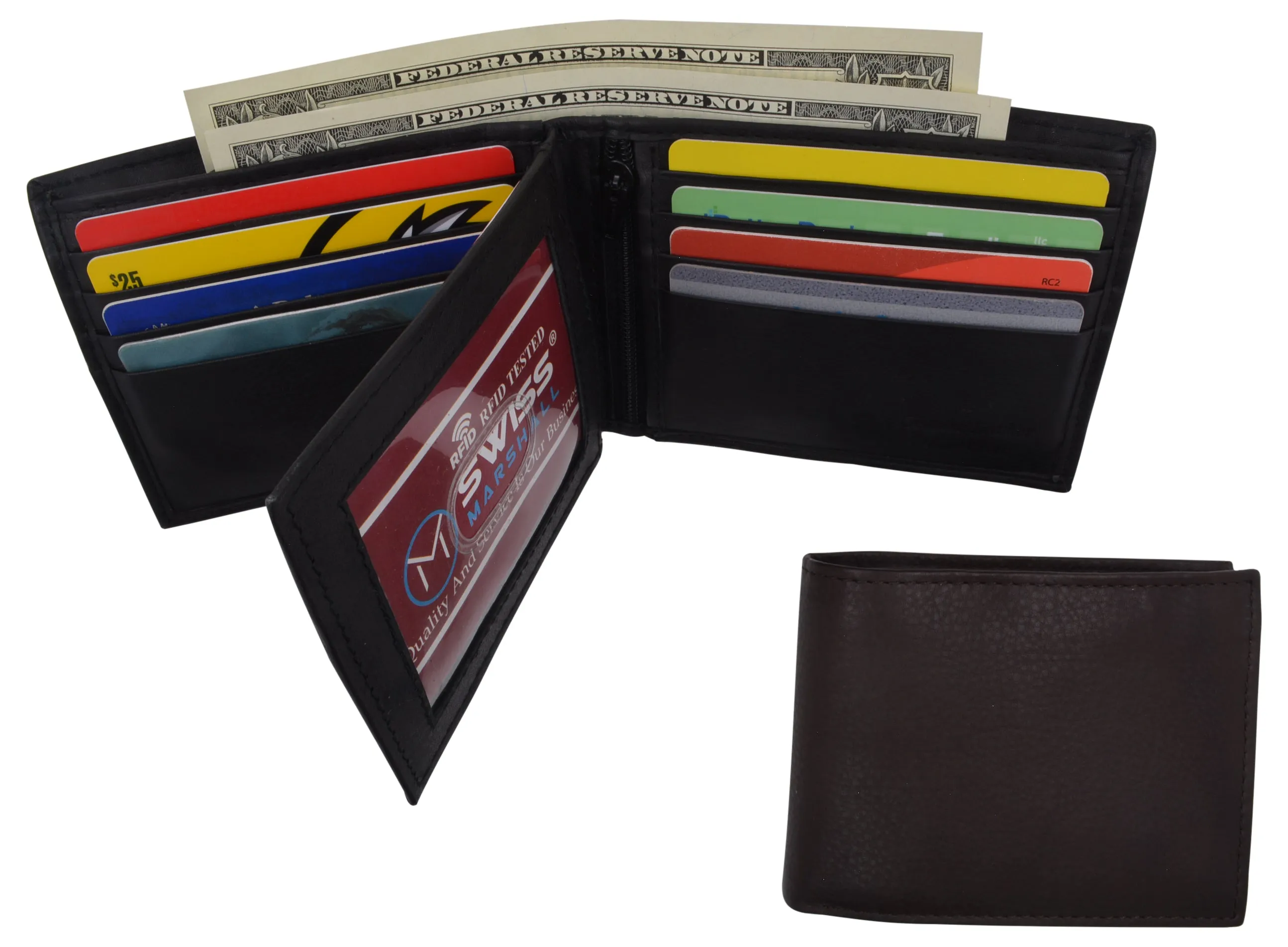 Swiss Marshall Men's RFID Blocking Leather Bifold Multi-Card Center Flap Wallet