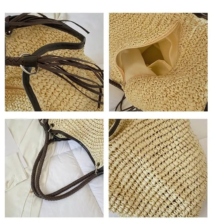 Tassel Decor Straw Bucket Tote Beach Bag-Showtown
