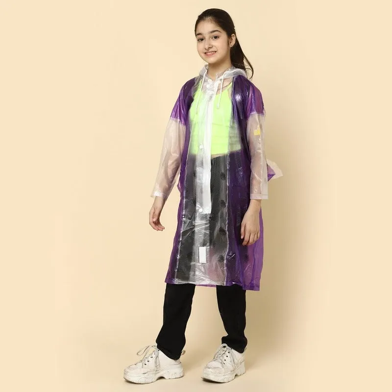 THE CLOWNFISH Laurel Series Kids Waterproof PVC Longcoat with Adjustable Hood & Extra Space for Backpack/Schoolbag Holding. Printed Plastic Pouch. Kid Age-10-11 years (Size-39-Purple)