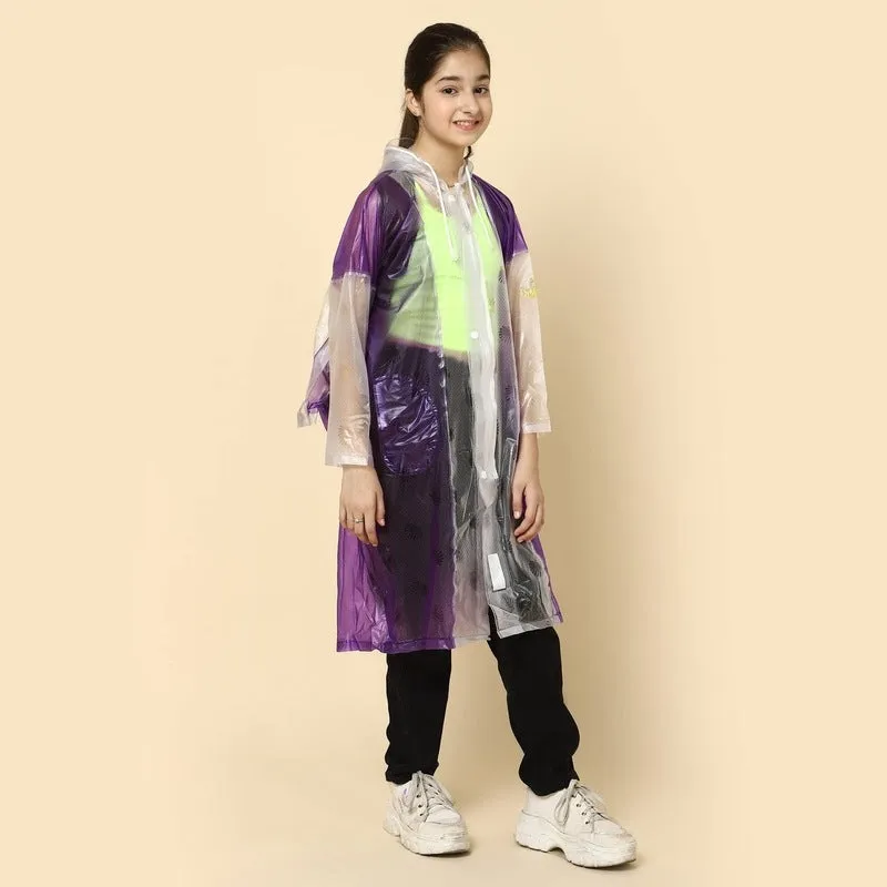 THE CLOWNFISH Laurel Series Kids Waterproof PVC Longcoat with Adjustable Hood & Extra Space for Backpack/Schoolbag Holding. Printed Plastic Pouch. Kid Age-10-11 years (Size-39-Purple)