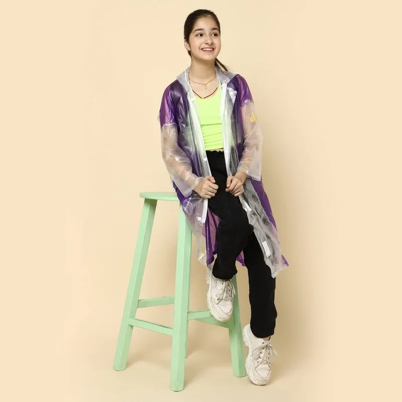 THE CLOWNFISH Laurel Series Kids Waterproof PVC Longcoat with Adjustable Hood & Extra Space for Backpack/Schoolbag Holding. Printed Plastic Pouch. Kid Age-10-11 years (Size-39-Purple)
