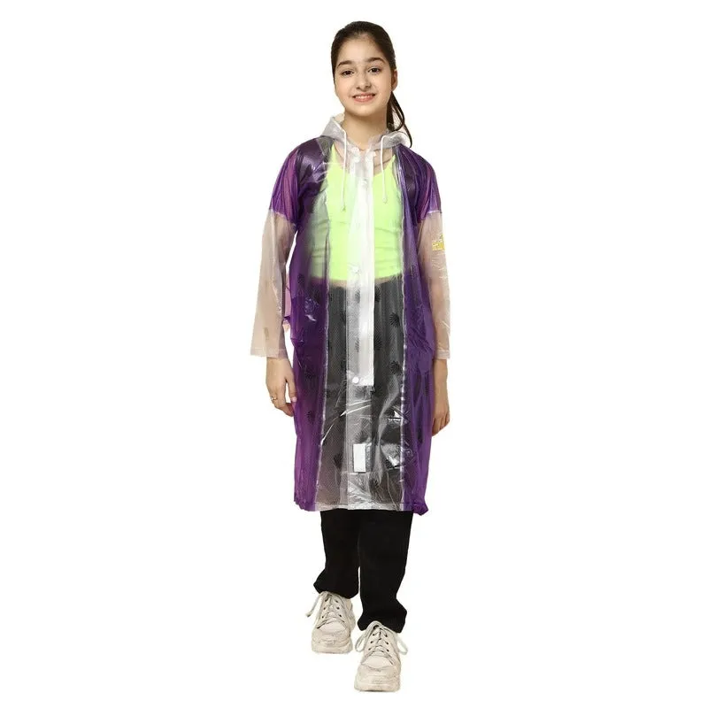 THE CLOWNFISH Laurel Series Kids Waterproof PVC Longcoat with Adjustable Hood & Extra Space for Backpack/Schoolbag Holding. Printed Plastic Pouch. Kid Age-10-11 years (Size-39-Purple)