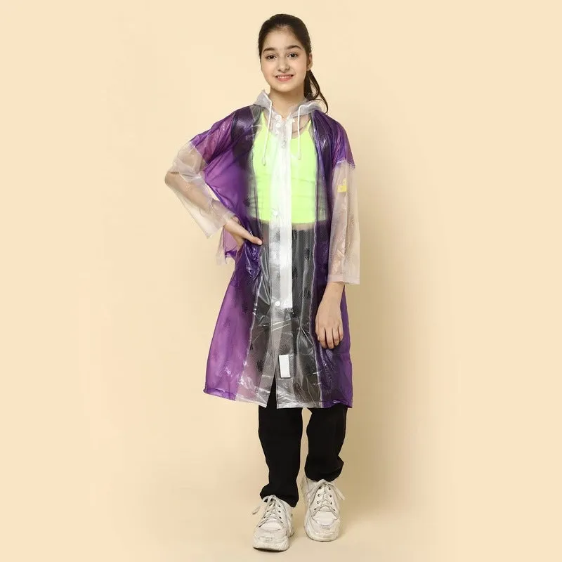 THE CLOWNFISH Laurel Series Kids Waterproof PVC Longcoat with Adjustable Hood & Extra Space for Backpack/Schoolbag Holding. Printed Plastic Pouch. Kid Age-10-11 years (Size-39-Purple)