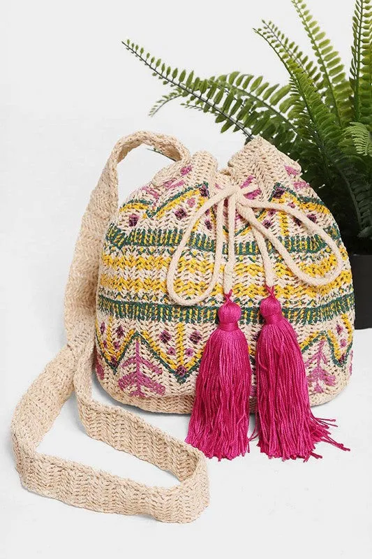 Tribal Straw Tassel Crossbody Bucket Bag