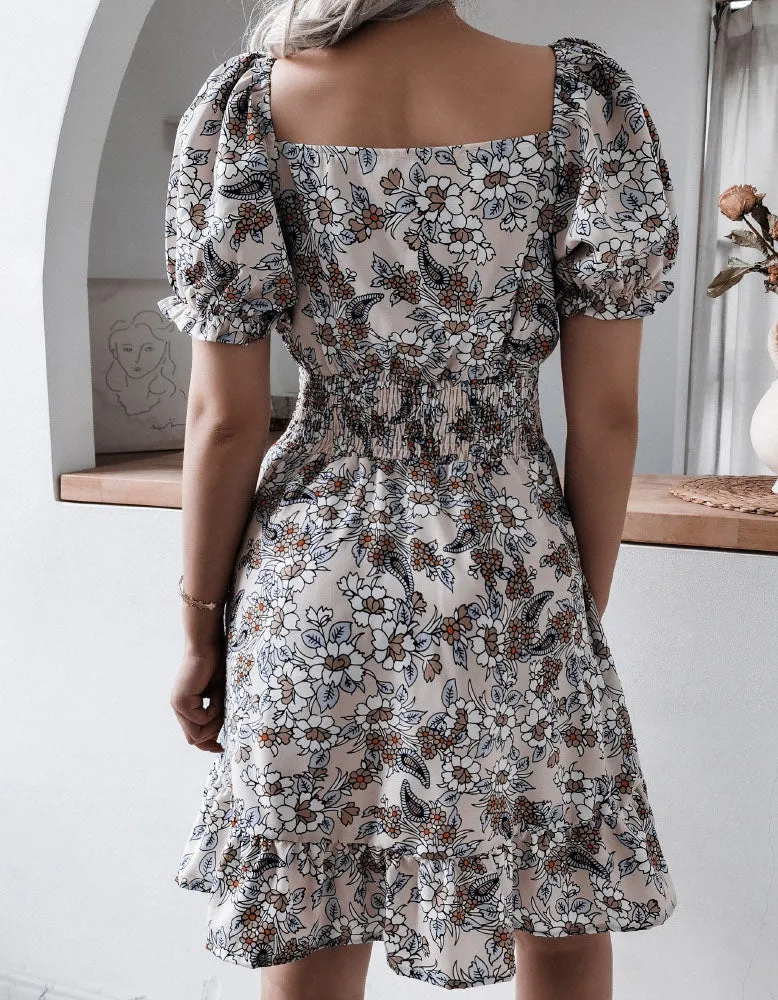 V Neck Short Sleeve Floral Printed Ruffle A Line Dresses