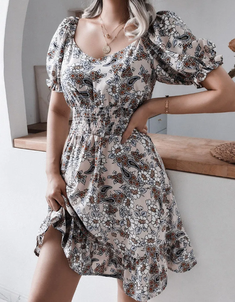 V Neck Short Sleeve Floral Printed Ruffle A Line Dresses