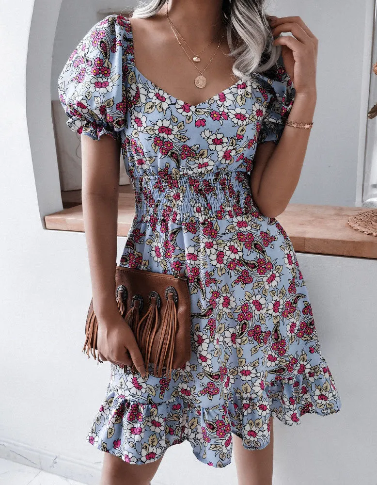 V Neck Short Sleeve Floral Printed Ruffle A Line Dresses