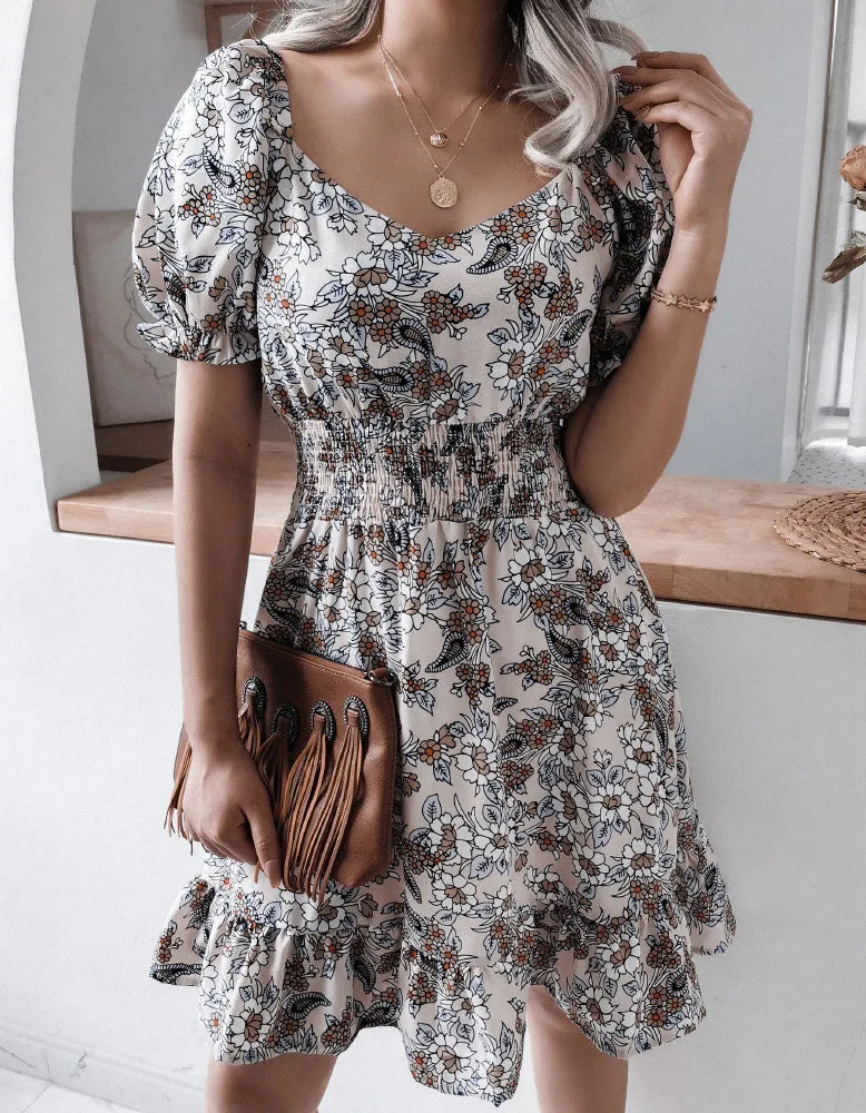 V Neck Short Sleeve Floral Printed Ruffle A Line Dresses