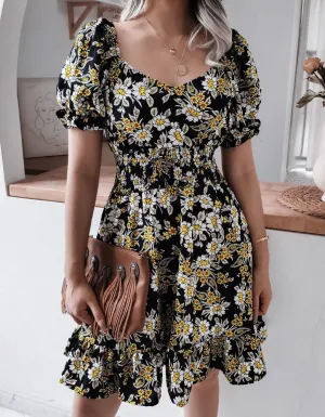 V Neck Short Sleeve Floral Printed Ruffle A Line Dresses