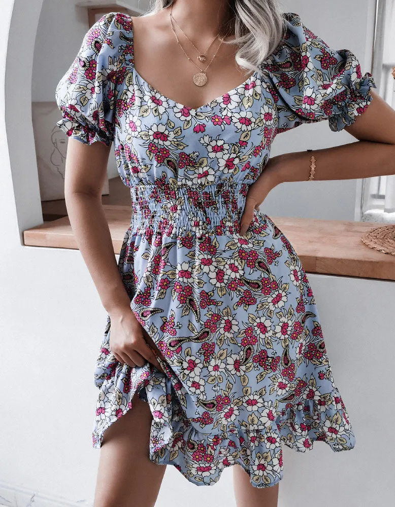 V Neck Short Sleeve Floral Printed Ruffle A Line Dresses