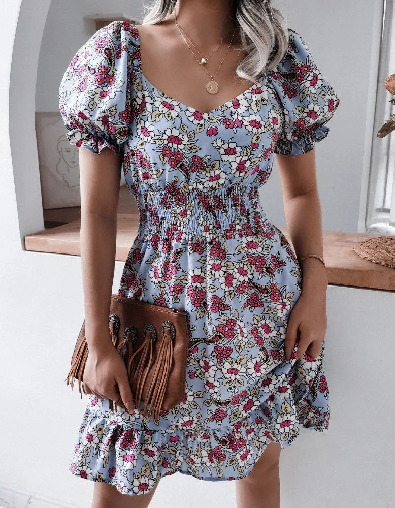V Neck Short Sleeve Floral Printed Ruffle A Line Dresses