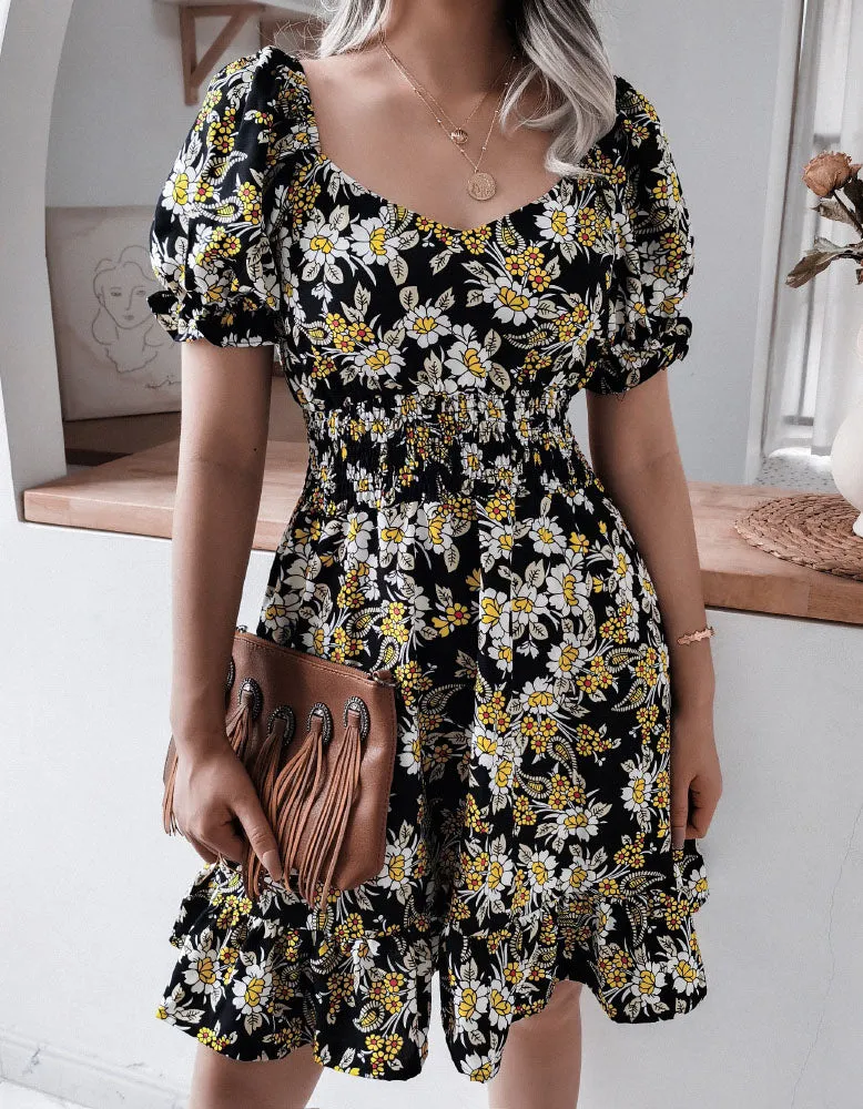 V Neck Short Sleeve Floral Printed Ruffle A Line Dresses