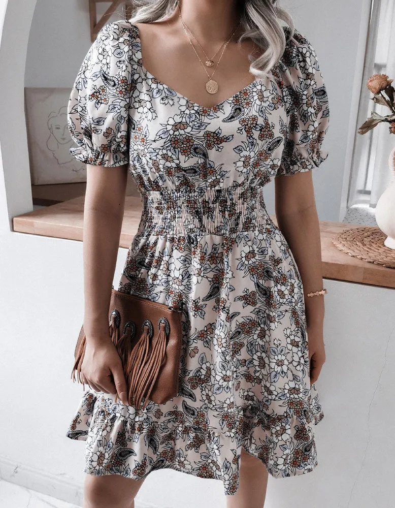 V Neck Short Sleeve Floral Printed Ruffle A Line Dresses