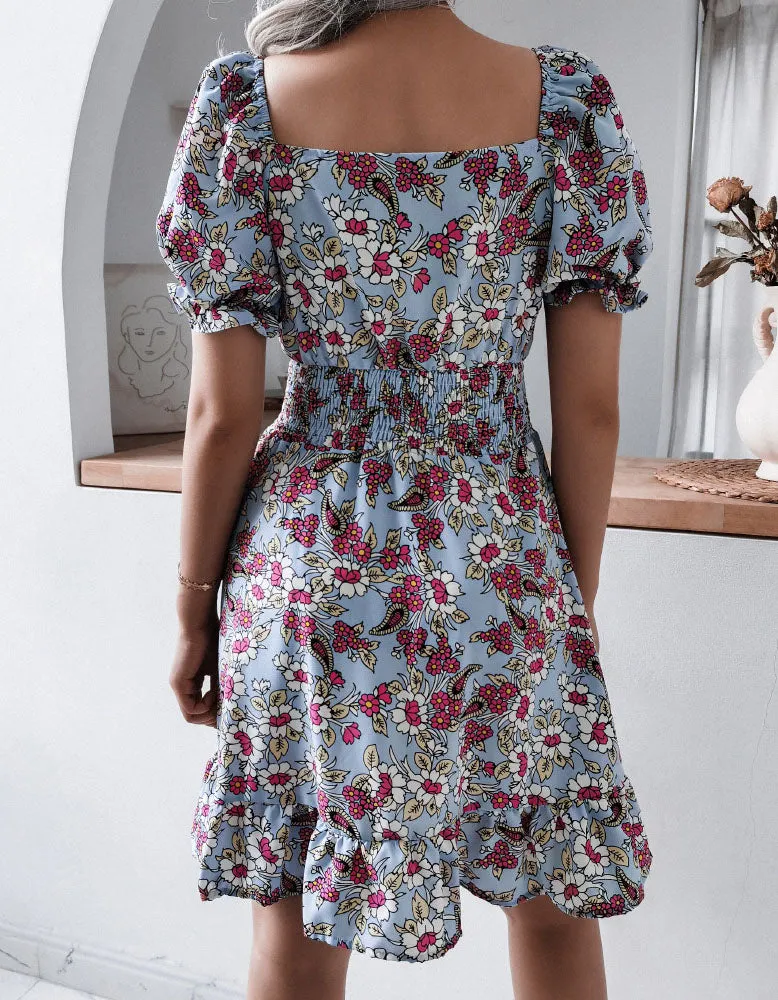V Neck Short Sleeve Floral Printed Ruffle A Line Dresses