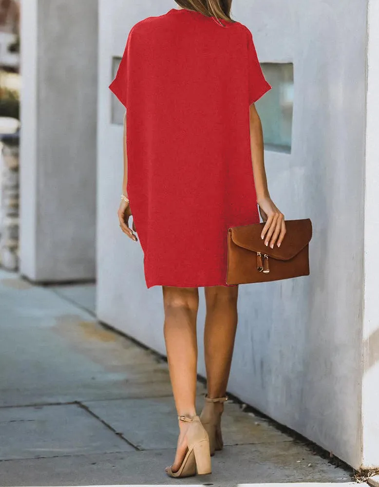V-Neck Short Sleeve Solid Color Loose Short A-Line Dresses
