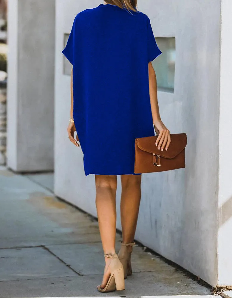 V-Neck Short Sleeve Solid Color Loose Short A-Line Dresses