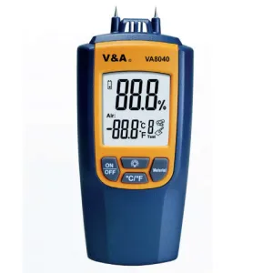 VA8040, Moisture Meter for Building Material. Range 0 to 95.7%, -10 to 50 Deg C Insert Probe Type, 121x60x30mm Suitable for 7 Materials: Hardwood, Soft Wood, Cement, Anhydrite Plane, Cement Mortar, Lime Mortar, Bricks