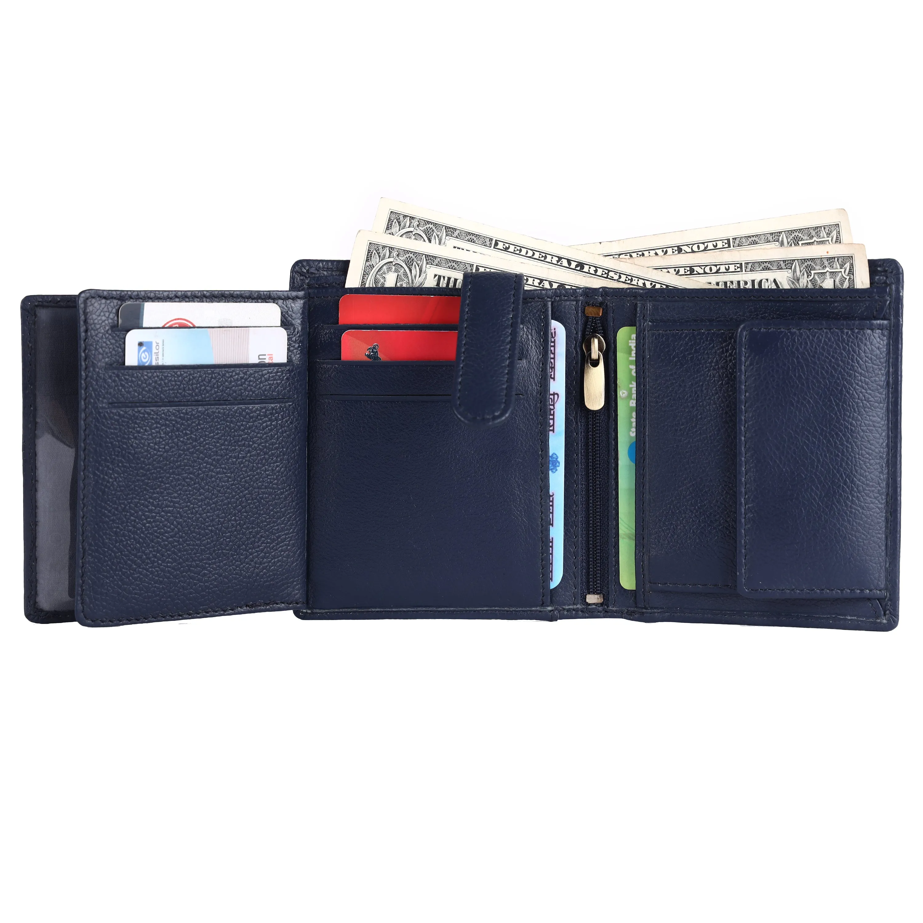 Wallet for Men - Blue | Genuine Leather Bifold Money Wallet | RFID Protected | 9 Card Slots, 2 ID Card