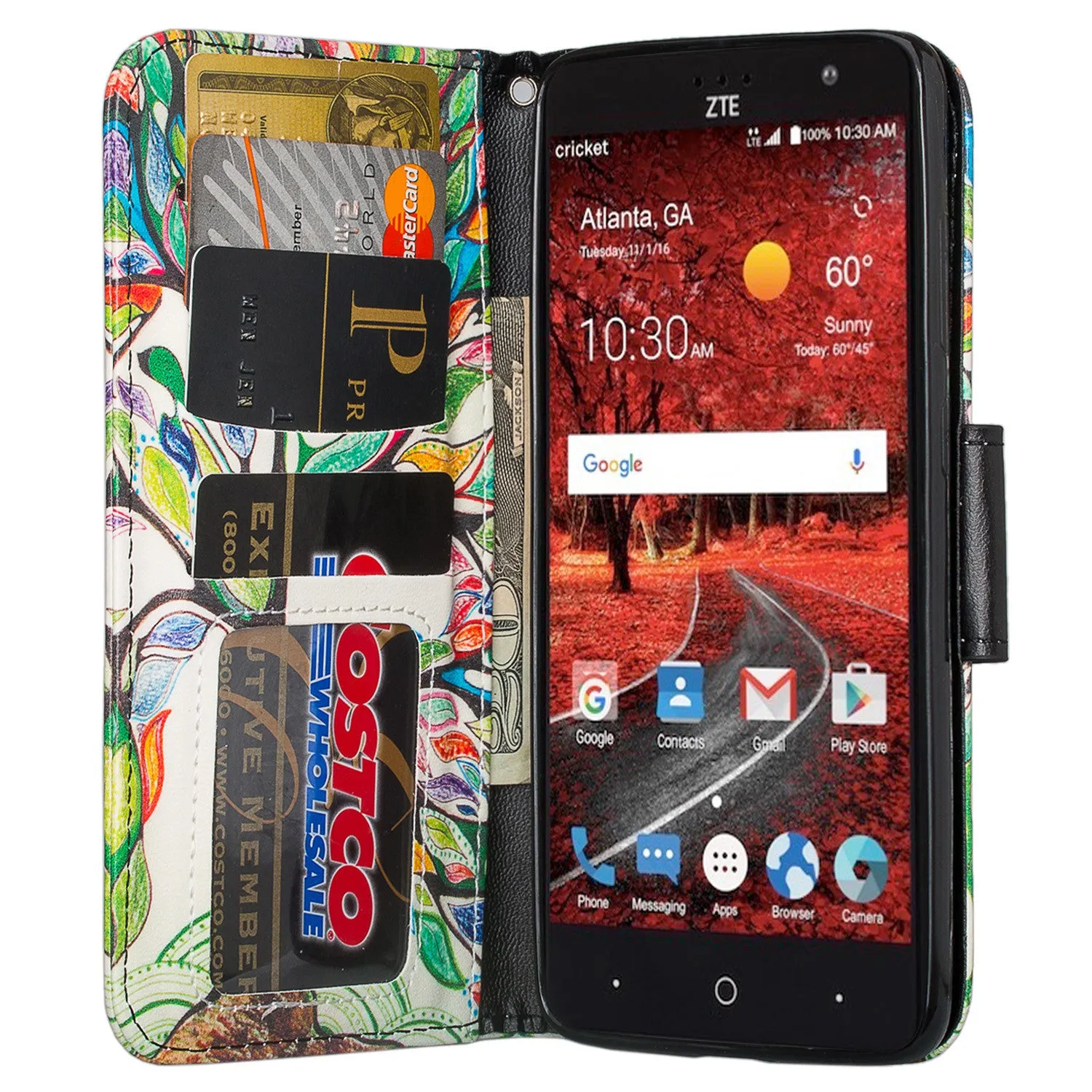 ZTE Blade Spark Z971, ZTE ZMAX One, ZTE Grand X4, X 4 Case, Wrist Strap Pu Leather Magnetic Flip [Kickstand] Wallet Cover with Slots - Vibrant Tree